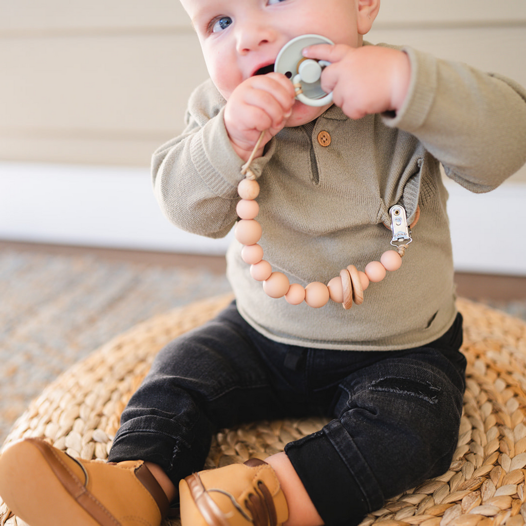 Clay Silicone Bead & Wood Ring Pacifier Clip