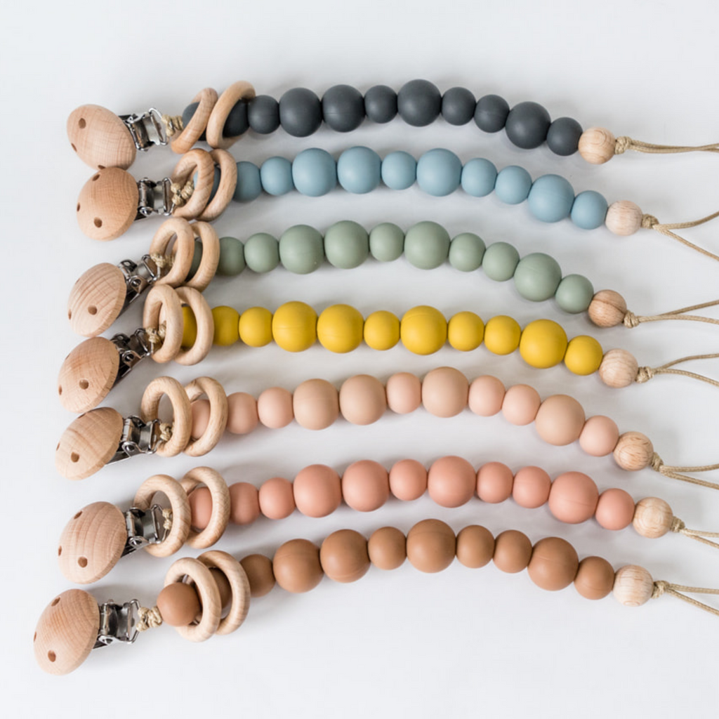 Mustard Silicone Bead & Wood Ring Pacifier Clip