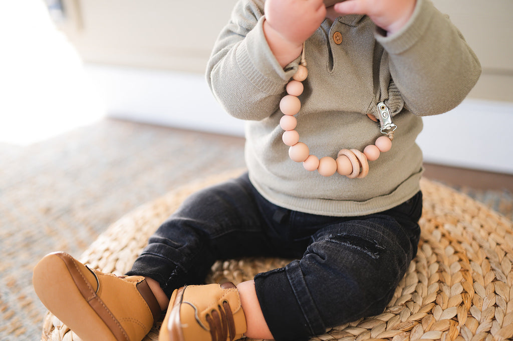 Apricot Silicone Bead & Wood Ring Pacifier Clip