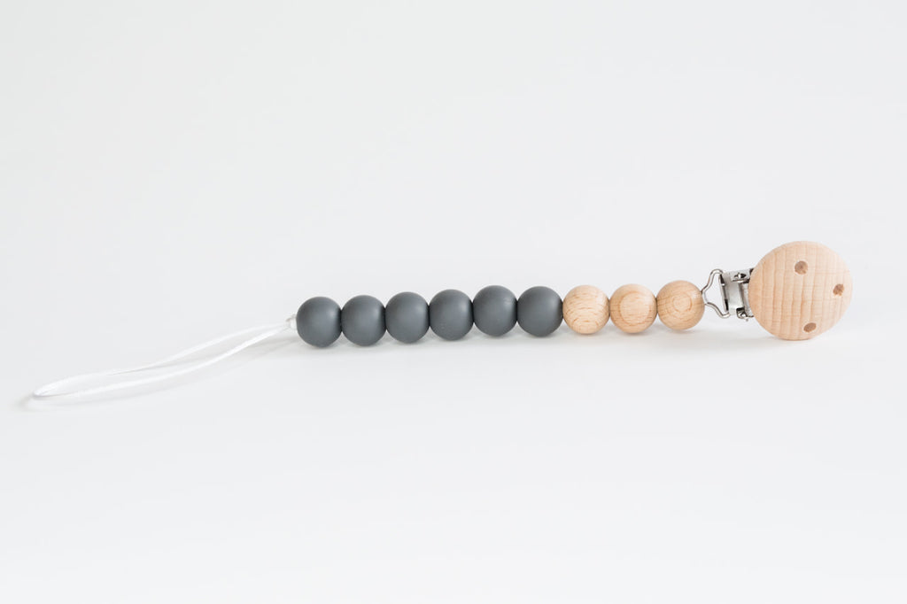 Charcoal Beaded Wooden & Silicone Pacifier Clip