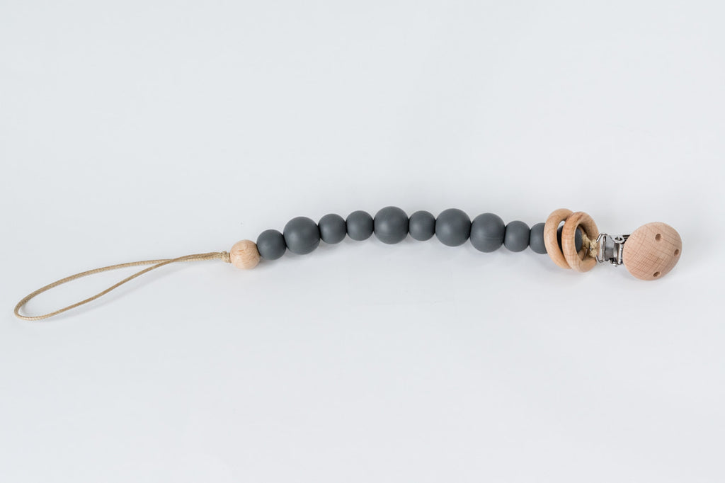 Charcoal Silicone Bead & Wood Ring Pacifier Clip