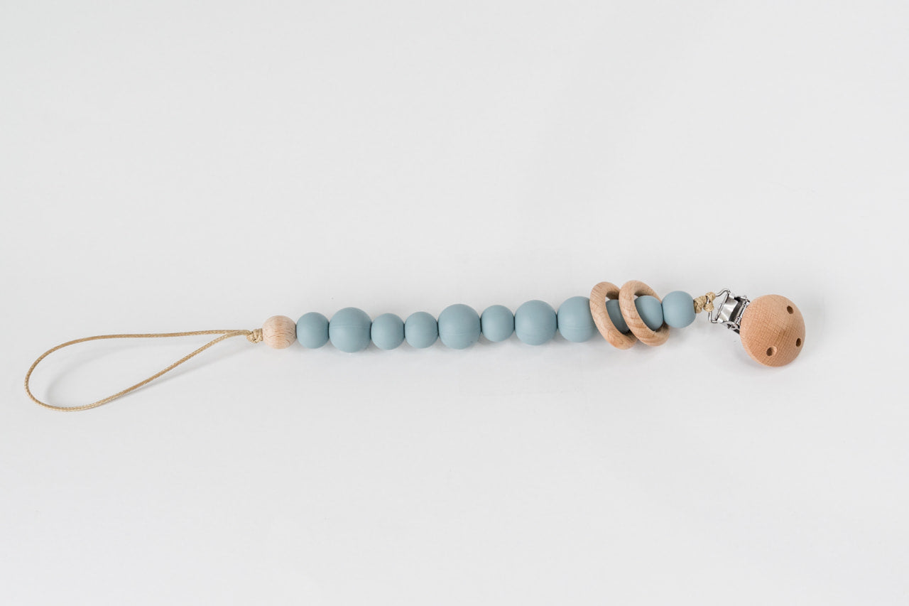 Duck Egg Blue Silicone Bead & Wood Ring Pacifier Clip