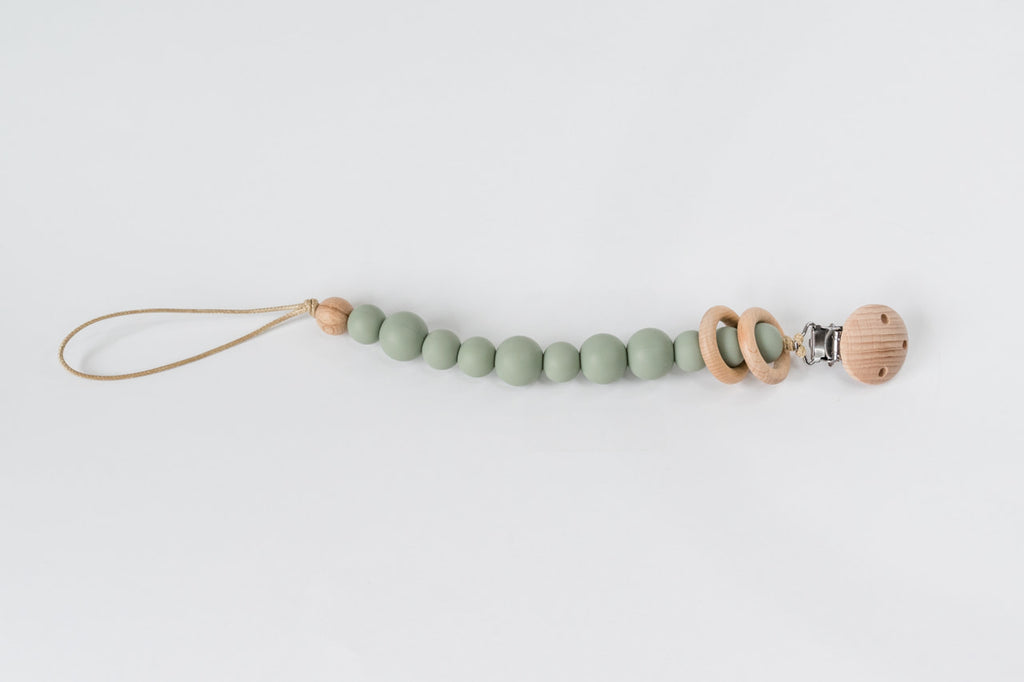 Sage Silicone Bead & Wood Ring Pacifier Clip