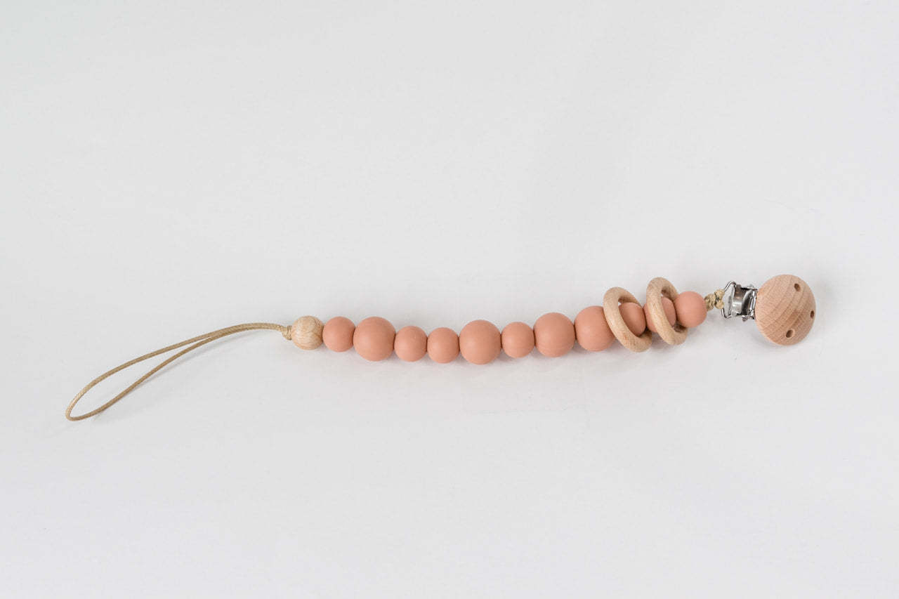 Blush Silicone Bead & Wood Ring Pacifier Clip